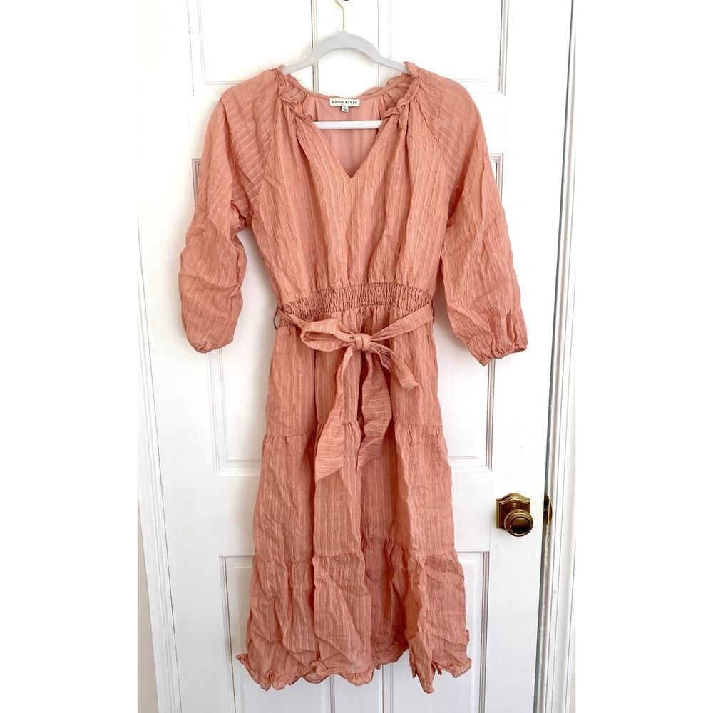 Moon River Smocked Blouson Midi Dress Cottagecore Dusty Pink Anthropologie Small